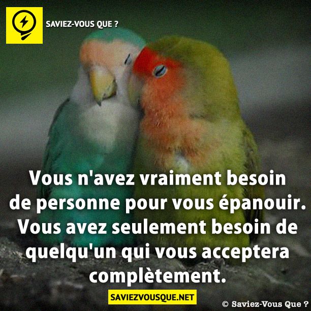 Vous n'avez vraiment besoin de personne pour vous épanouir. Vous avez seulement besoin de quelqu'un qui vous acceptera complètement.
