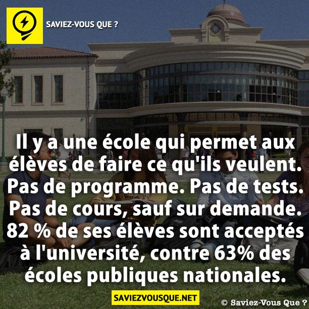 Il y a une école qui permet aux élèves de faire ce qu'ils veulent. Pas de programme. Pas de tests. Pas de cours, sauf sur demande. 82 % de ses élèves sont acceptés à l'université, contre 63% des écoles publiques nationales.