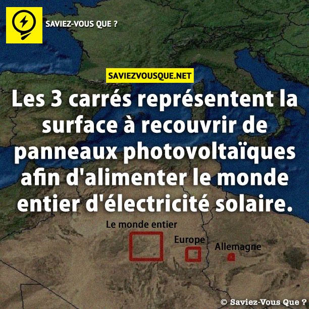 Les 3 carrés représentent la surface à recouvrir de panneaux photovoltaïques afin d&#039;alimenter le monde entier d&#039;électricité solaire.