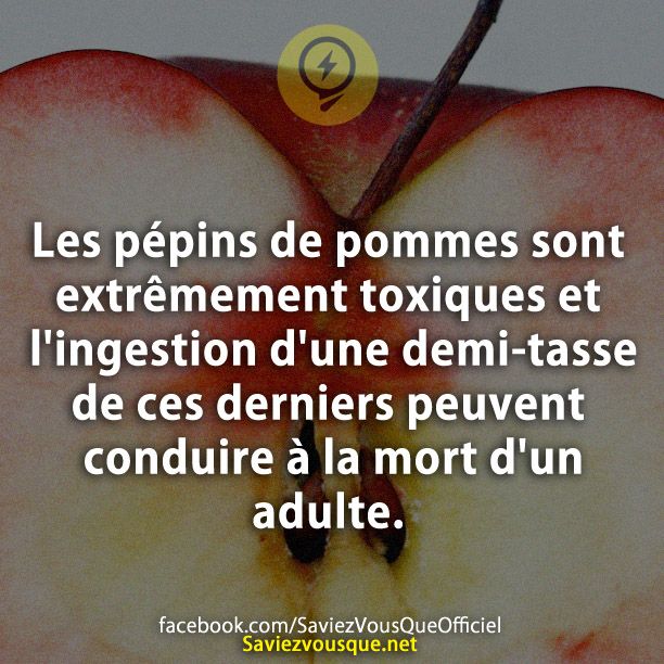 Les pépins de pommes sont extrêmement toxiques et l&#039;ingestion d&#039;une demi-tasse de ces derniers peuvent conduire à la mort d&#039;un adulte.