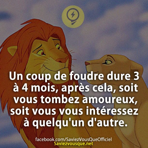 Un coup de foudre dure 3 à 4 mois, après cela, soit vous tombez amoureux, soit vous vous intéressez à quelqu&#039;un d&#039;autre.