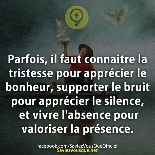 Parfois, il faut connaitre la tristesse pour apprécier le bonheur, supporter le bruit pour apprécier le silence, et vivre l&#039;absence pour valoriser la présence.