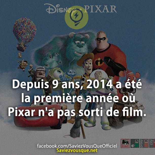 Depuis 9 ans, 2014 a été la première année où Pixar n&#039;a pas sorti de film.