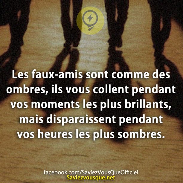 Les faux-amis sont comme des ombres, ils vous collent pendant vos moments les plus brillants, mais disparaissent pendant vos heures les plus sombres.