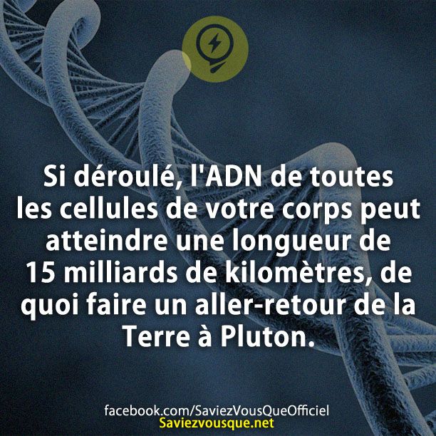 Si déroulé, l&#039;ADN de toutes les cellules de votre corps peut atteindre une longueur de 15 milliards de kilomètres, de quoi faire un aller-retour de la Terre à Pluton.