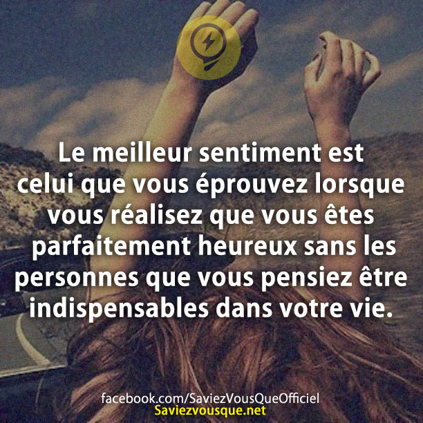 Le meilleur sentiment est celui que vous éprouvez lorsque vous réalisez que vous êtes parfaitement heureux sans les personnes que vous pensiez être indispensables dans votre vie.