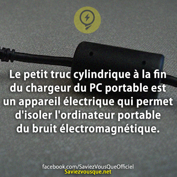 Le petit truc cylindrique à la fin du chargeur du PC portable est un appareil électrique qui permet d&#039;isoler l&#039;ordinateur portable du bruit électromagnétique.