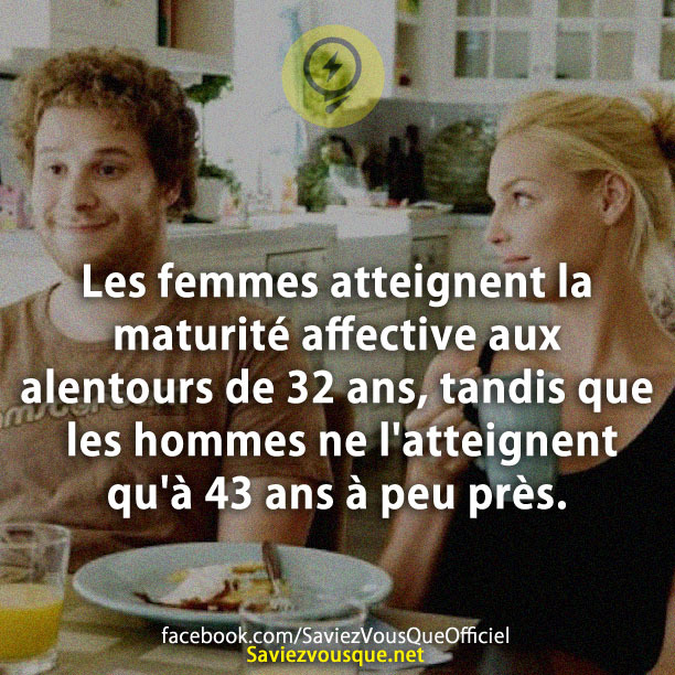 Les femmes atteignent la maturité affective aux alentours de 32 ans, tandis que les hommes ne l&#039;atteignent qu&#039;à 43 ans à peu près.