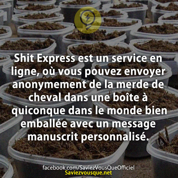 Shit Express est un service en ligne, où vous pouvez envoyer anonymement de la merde de cheval dans une boîte à quiconque dans le monde bien emballée avec un message manuscrit personnalisé.