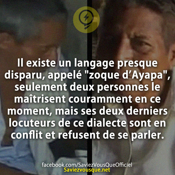Il existe un langage presque disparu, appelé &quot;zoque d’Ayapa&quot;, seulement deux personnes le maîtrisent couramment en ce moment, mais ses deux derniers locuteurs de ce dialecte sont en conflit et refusent de se parler.