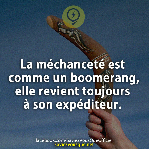La méchanceté est comme un boomerang, elle revient toujours à son expéditeur.