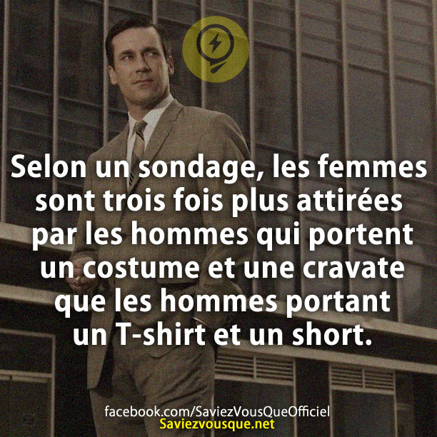 Selon un sondage, les femmes sont trois fois plus attirées par les hommes qui portent un costume et une cravate que les hommes portant un T-shirt et un short.