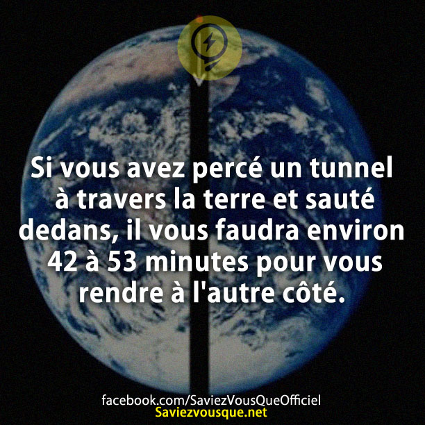 Si vous avez percé un tunnel à travers la terre et sauté dedans, il vous faudra environ 42 à 53 minutes pour vous rendre à l&#039;autre côté.