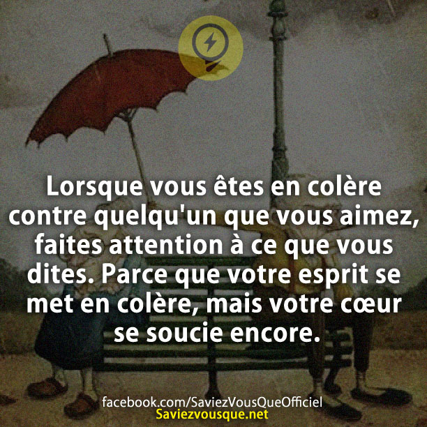 Lorsque vous êtes en colère contre quelqu&#039;un que vous aimez, faites attention à ce que vous dites. Parce que votre esprit se met en colère, mais votre cœur se soucie encore.