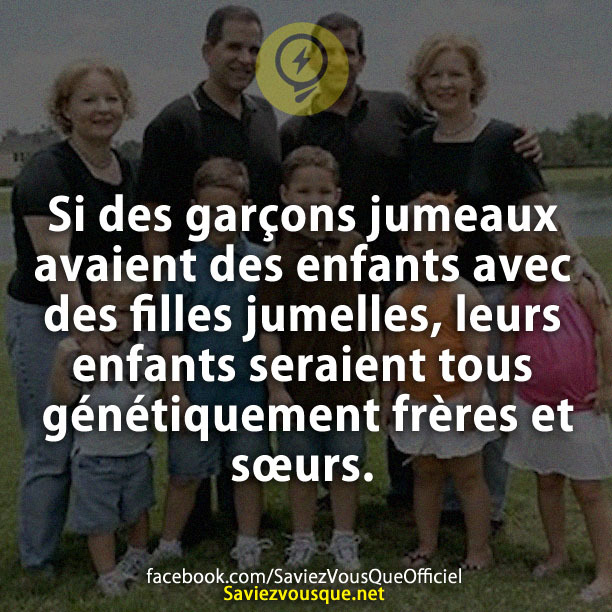 Si des garçons jumeaux avaient des enfants avec des filles jumelles, leurs enfants seraient tous génétiquement frères et sœurs.