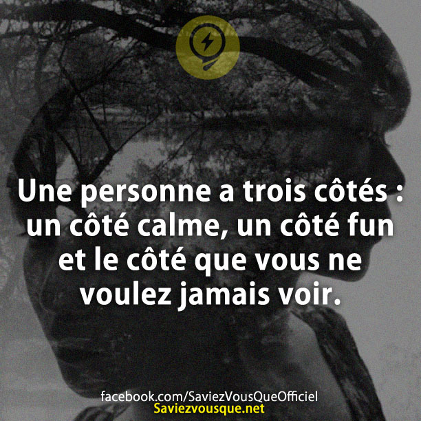 Une personne a trois côtés : un côté calme, un côté fun et le côté que vous ne voulez jamais voir.