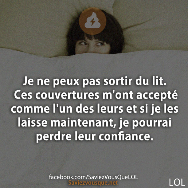Je ne peux pas sortir du lit. Ces couvertures m&#039;ont accepté comme l&#039;un des leurs et si je les laisse maintenant, je pourrai perdre leur confiance.