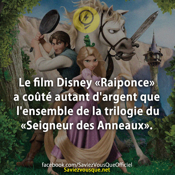 Le film Disney «Raiponce» a coûté autant d&#039;argent que l&#039;ensemble de la trilogie du &#039;Seigneur des Anneaux&#039;.