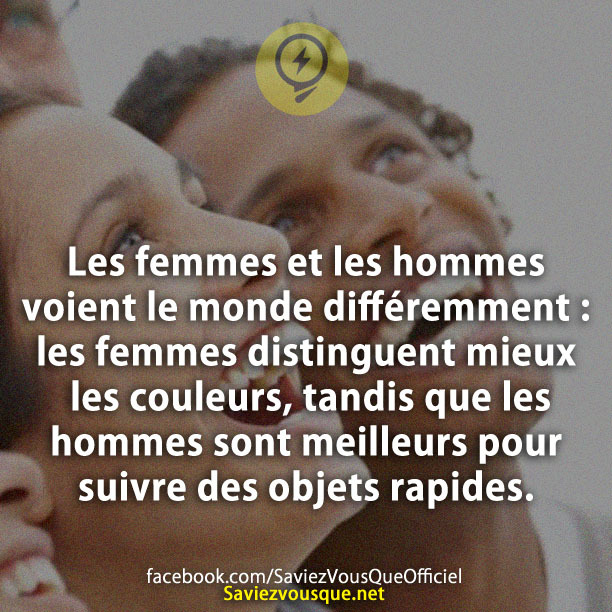 Les femmes et les hommes voient le monde différemment : les femmes distinguent mieux les couleurs, tandis que les hommes sont meilleurs pour suivre des objets rapides.