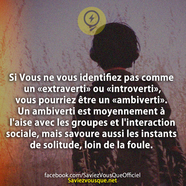 Si Vous ne vous identifiez pas comme un «extraverti» ou «introverti», vous pourriez être un «ambiverti&quot;. Un ambiverti est moyennement à l&#039;aise avec les groupes et l&#039;interaction sociale, mais savoure aussi les instants de solitude, loin de la foule.