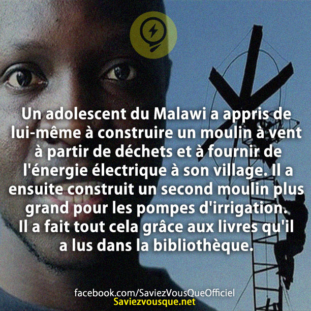 Un adolescent du Malawi a appris de lui-même à construire un moulin à vent à partir de déchets et à fournir de l&#039;énergie électrique à son village. Il a ensuite construit un second moulin plus grand pour les pompes d&#039;irrigation. Il a fait tout cela grâce aux livres qu&#039;il a lus dans la bibliothèque.