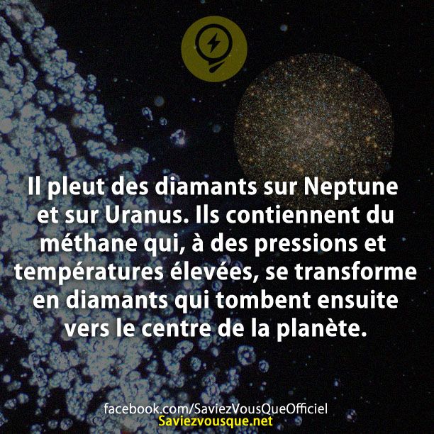 Il pleut des diamants sur Neptune et sur Uranus. Ils contiennent du méthane qui, à des pressions et températures élevées, se transforme en diamants qui tombent ensuite vers le centre de la planète.