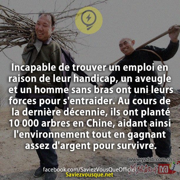 Incapable de trouver un emploi en raison de leur handicap, un aveugle et un homme sans bras ont uni leurs forces pour s&#039;entraider. Au cours de la dernière décennie, ils ont planté 10 000 arbres en Chine, aidant ainsi l&#039;environnement tout en gagnant assez d&#039;argent pour survivre.