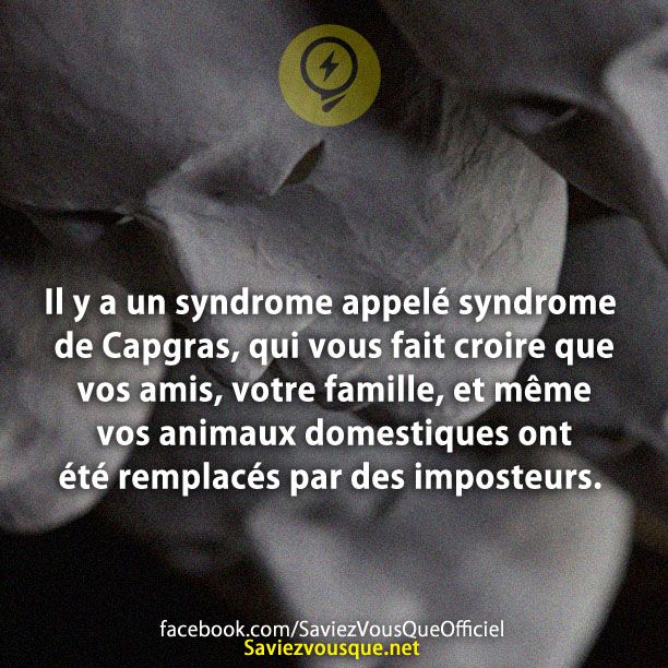 Il y a un syndrome appelé syndrome de Capgras, qui vous fait croire que vos amis, votre famille, et même vos animaux domestiques ont été remplacés par des imposteurs.