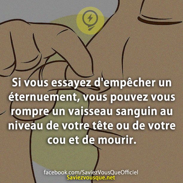 Si vous essayez d'empêcher un éternuement, vous pouvez vous rompre un vaisseau sanguin au niveau de votre tête ou de votre cou et de mourir.