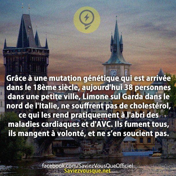 Grâce à une mutation génétique qui est arrivée dans le 18ème siècle, aujourd&#039;hui 38 personnes dans une petite ville, Limone sul Garda dans le nord de l&#039;Italie, ne souffrent pas de cholestérol, ce qui les rend pratiquement à l&#039;abri des maladies cardiaques et d&#039;AVC. Ils fument tous, ils mangent à volonté, et ne s’en soucient pas.