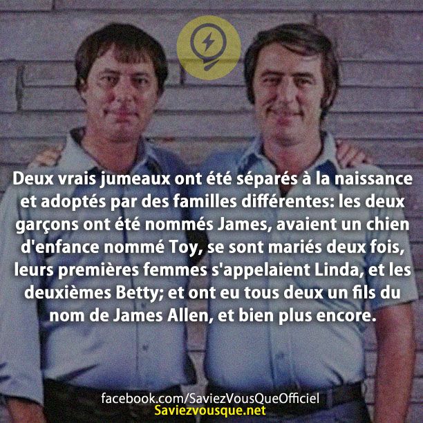 Deux vrais jumeaux ont été séparés à la naissance et adoptés par des familles différentes: les deux garçons ont été nommés James, avaient un chien d&#039;enfance nommé Toy, se sont mariés deux fois, leurs premières femmes s&#039;appelaient Linda, et les deuxièmes Betty; et ont eu tous deux un fils du nom de James Allen, et bien plus encore.