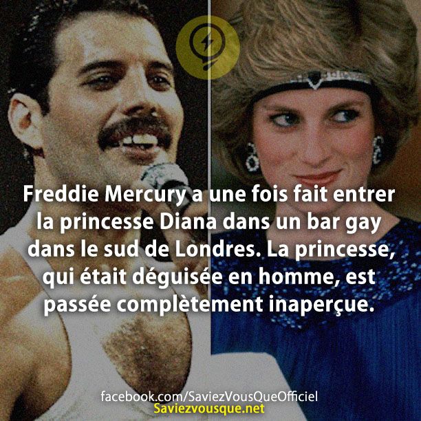 Freddie Mercury a une fois fait entrer la princesse Diana dans un bar gay dans le sud de Londres. La princesse, qui était déguisée en homme, est passée complètement inaperçue.