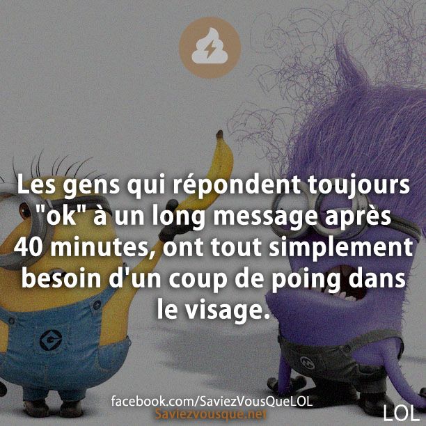 Les gens qui répondent toujours "ok" à un long message après 40 minutes, ont tout simplement besoin d'un coup de poing dans le visage.