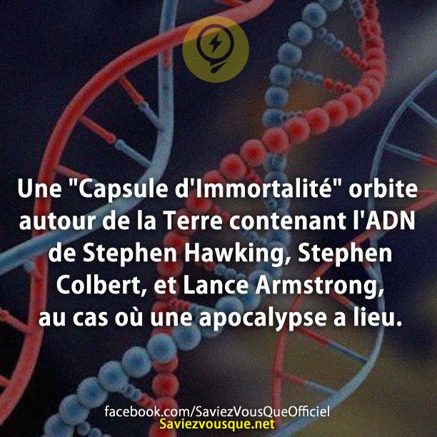 Une &quot;Capsule d&#039;Immortalité&quot; orbite autour de la Terre contenant l&#039;ADN de Stephen Hawking, Stephen Colbert, et Lance Armstrong, au cas où une apocalypse a lieu.