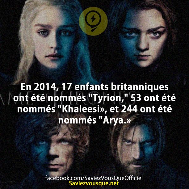 En 2014, 17 enfants britanniques ont été nommés &quot;Tyrion,&quot; 53 ont été nommés &quot;Khaleesi», et 244 ont été nommés &quot;Arya.»