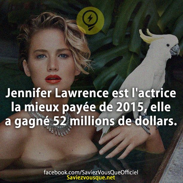 Jennifer Lawrence est l&#039;actrice la mieux payée de 2015, elle a gagné 52 millions de dollars.