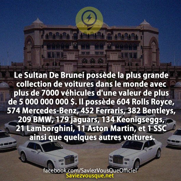 Le Sultan De Brunei possède la plus grande collection de voitures dans le monde avec plus de 7000 véhicules d&#039;une valeur de plus de 5 000 000 000 $. Il possède 604 Rolls Royce, 574 Mercedes-Benz, 452 Ferraris, 382 Bentleys, 209 BMW, 179 jaguars, 134 Keonigseggs, 21 Lamborghini, 11 Aston Martin, et 1 SSC ainsi que quelques autres voitures.