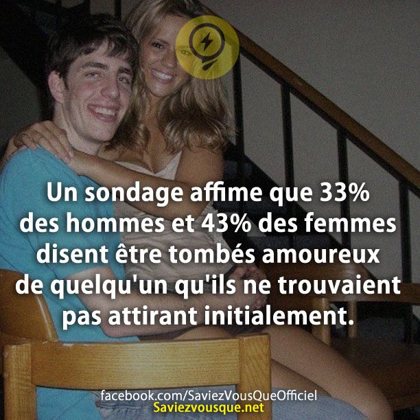 Un sondage affime que 33% des hommes et 43% des femmes disent être tombés amoureux de quelqu&#039;un qu&#039;ils ne trouvaient pas attirant initialement.