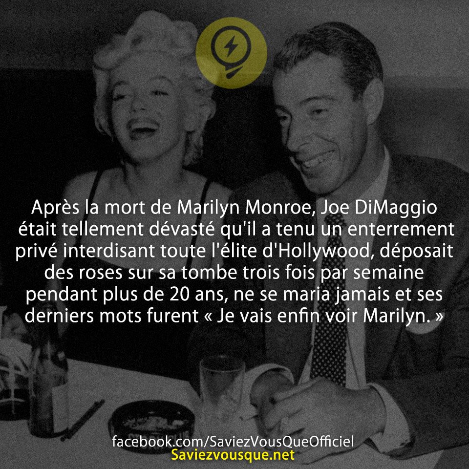 Après la mort de Marilyn Monroe, Joe DiMaggio était tellement dévasté qu&#039;il a tenu un enterrement privé interdisant toute l&#039;élite d&#039;Hollywood, déposait des roses sur sa tombe trois fois par semaine pendant plus de 20 ans, ne se maria jamais et ses derniers mots furent « Je vais enfin voir Marilyn. »
