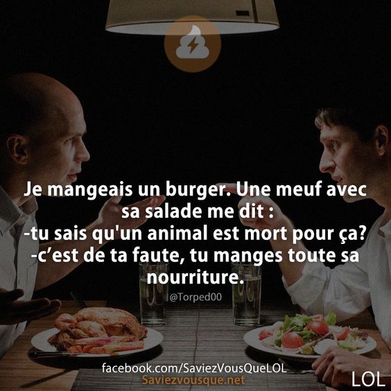 Je mangeais un burger.Une meuf avec sa salade me dit: -tu sais qu&#039;un animal est mort pr ca?  -c de ta faute, tu manges toute sa nourriture.