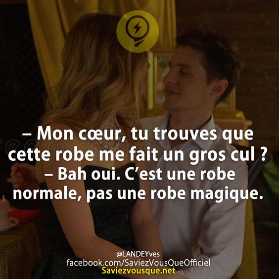 - Mon cœur, tu trouves que cette robe me fait un gros cul ?  - Bah oui. C’est une robe normale, pas une robe magique.