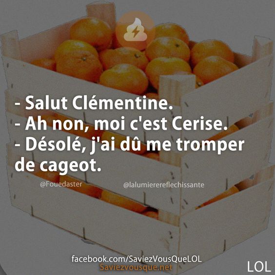 - Salut Clémentine. - Ah non, moi c&#039;est Cerise. - Désolé, j&#039;ai dû me tromper de cageot.