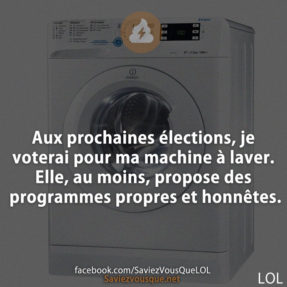 Aux prochaines élections, je voterai pour ma machine à laver. Elle, au moins, propose des programmes propres et honnêtes.