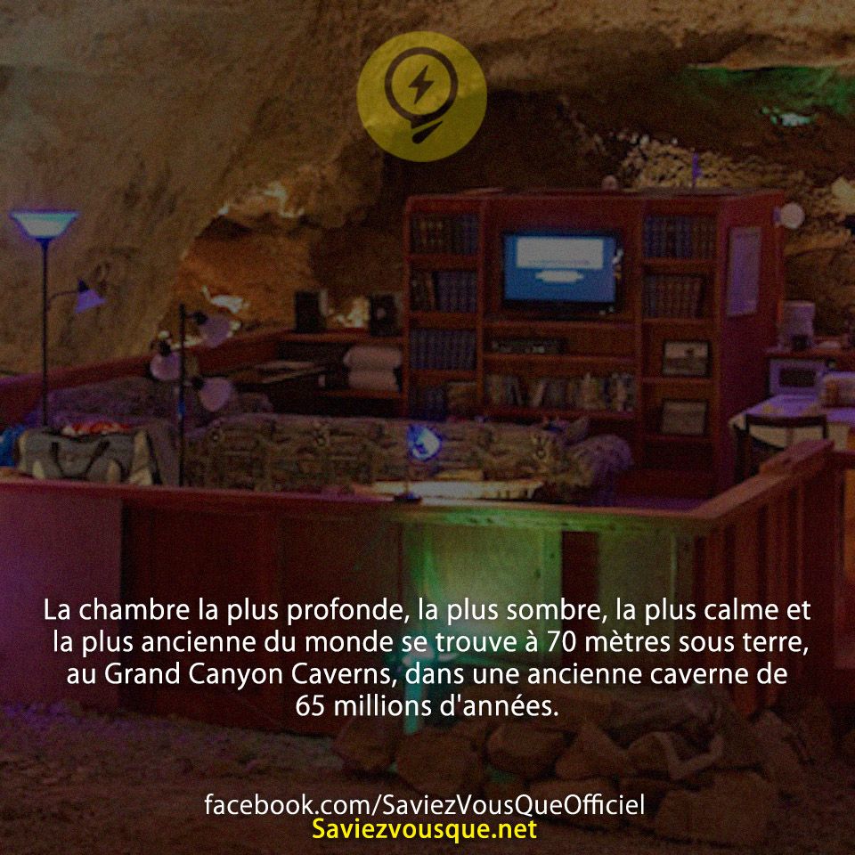 La chambre la plus profonde, la plus sombre, la plus calme et la plus ancienne du monde se trouve à 70 mètres sous terre, au Grand Canyon Caverns, dans une ancienne caverne de 65 millions d&#039;années.