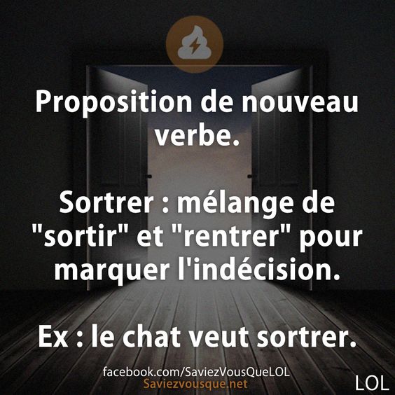 Proposition de nouveau verbe.  Sortrer : mélange de "sortir" et "rentrer" pour marquer l'indécision.  Ex : le chat veut sortrer.