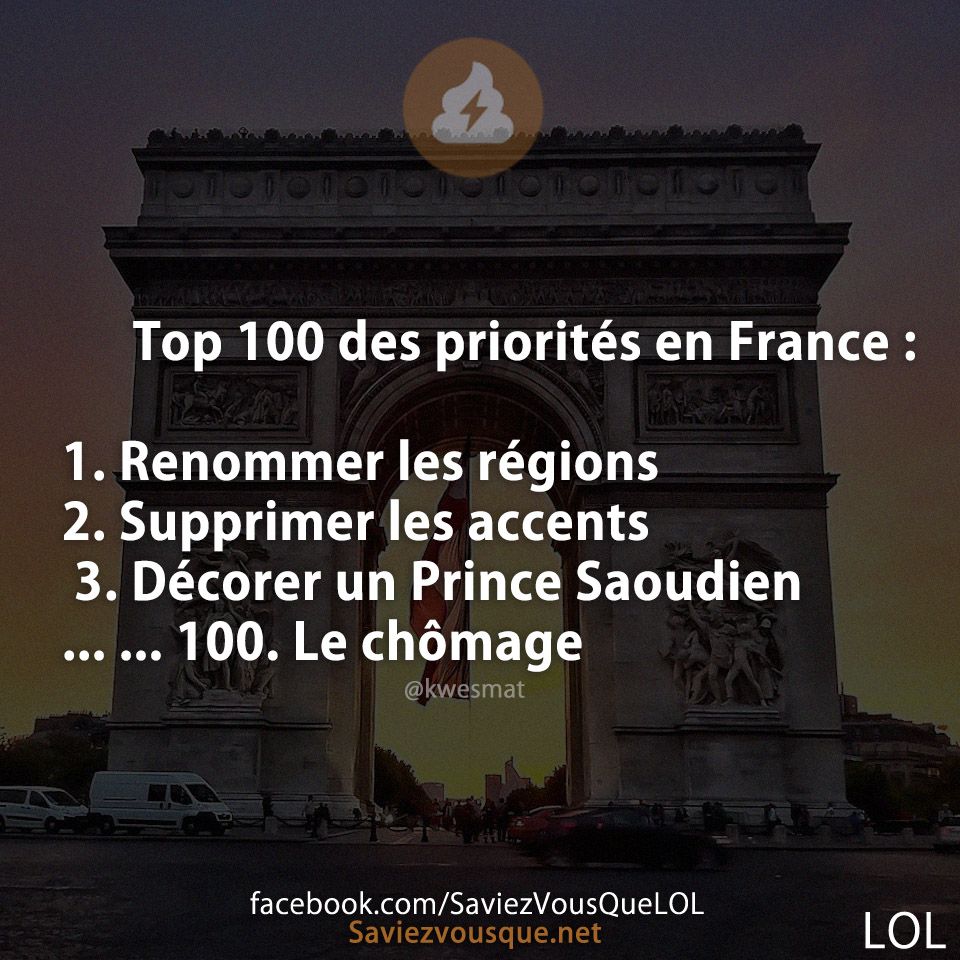 Top 100 des priorités en France :  1. Renommer les régions 2. Supprimer les accents   3. Décorer un Prince Saoudien ... ... 100. Le chômage