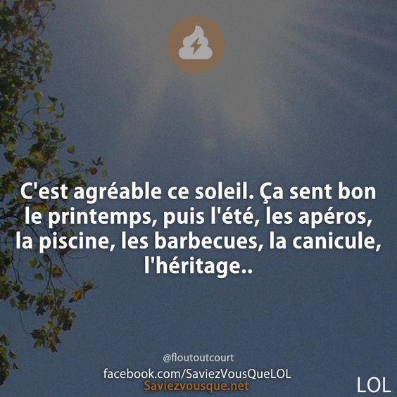 C&#039;est agréable ce soleil. Ça sent bon le printemps, puis l&#039;été, les apéros, la piscine, les barbecues, la canicule, l&#039;héritage..