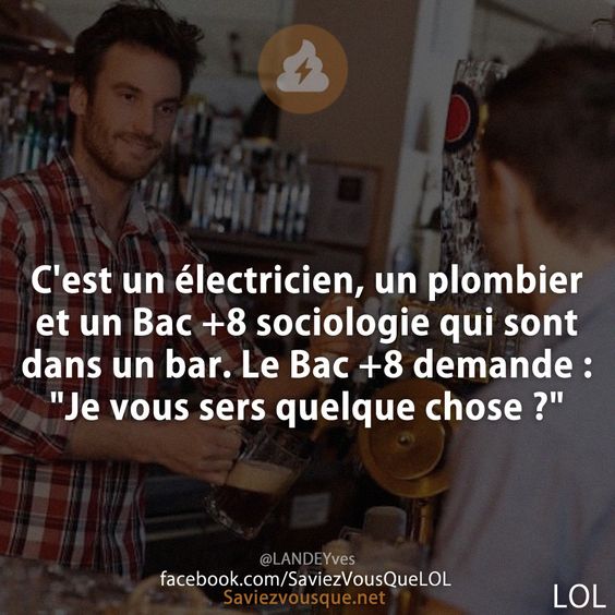 C'est un électricien, un plombier et un Bac +8 sociologie qui sont dans un bar. Le Bac +8 demande : "Je vous sers quelque chose ?"