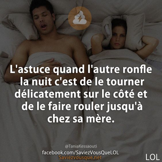L'astuce quand l'autre ronfle la nuit c'est de le tourner délicatement sur le côté et de le faire rouler jusqu'à chez sa mère.