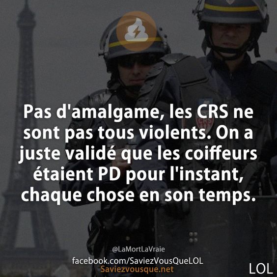 Pas d&#039;amalgame, les CRS ne sont pas tous violents. On a juste validé que les coiffeurs étaient PD pour l&#039;instant, chaque chose en son temps.